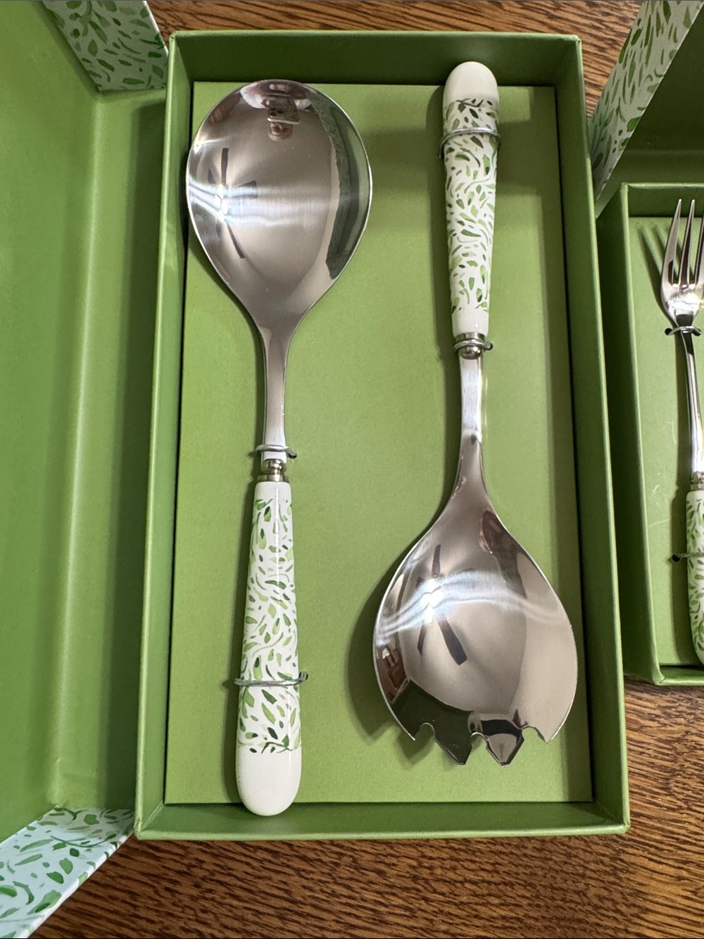 Grace Teaware Green Patterned Salad Serving Set with Forks - Home Dining NIB - Picture 4 of 6